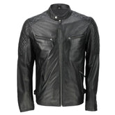 Veste de moto matelassée en cuir d'agneau véritable noir pour homme